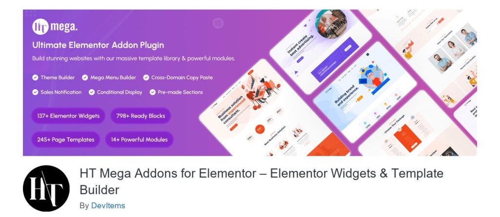 HT Mega Pro: the HT Mega Addons for Elementor banner and listing header on WordPress.org